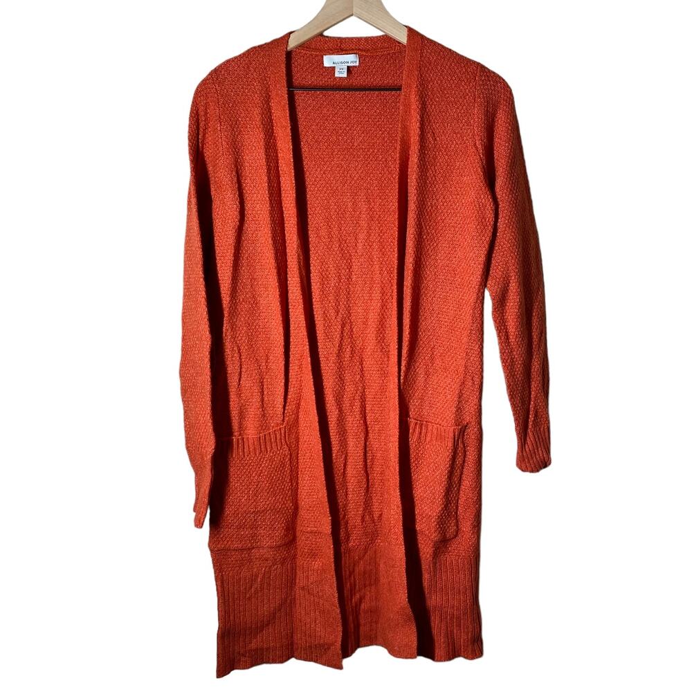 Allison‎ Joy Orange Red Waffle Long Open Front Cardigan Size XS Evereve